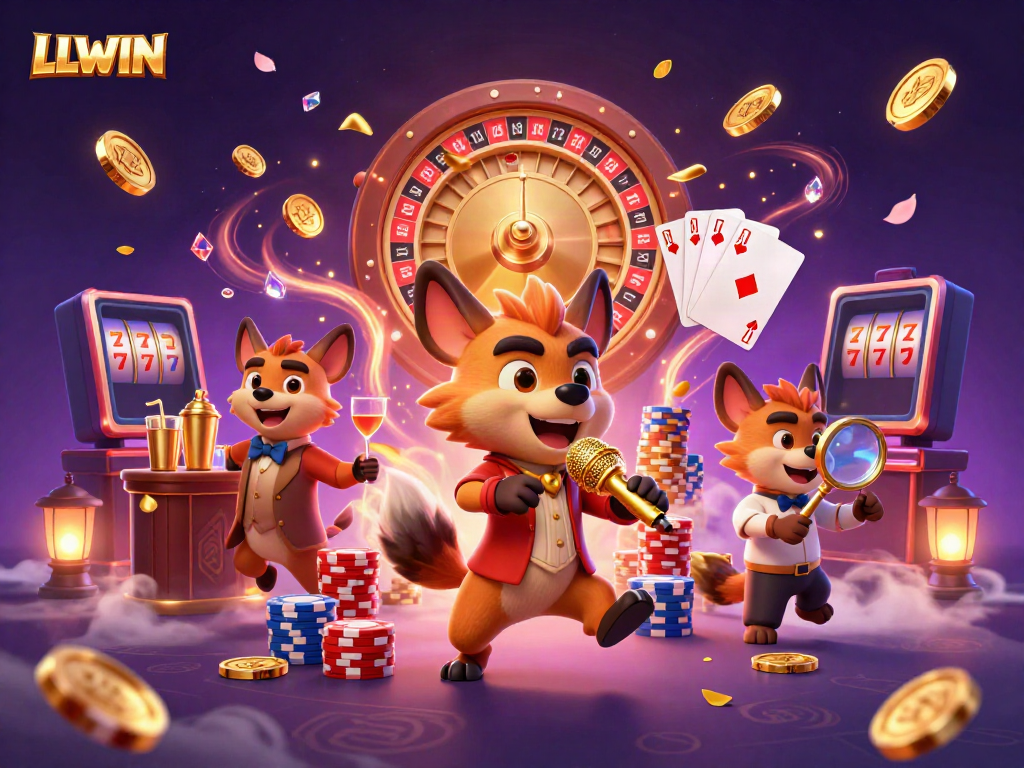 Experience exciting games at LLWIN with hyenas hosting a lively casino atmosphere, complete with spinning roulette and colorful coins.
