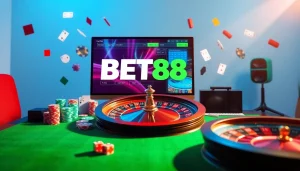 BET88 online casino interface with vibrant poker chips and cards in an exciting gambling setting.