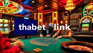 The vibrant casino scene showcases a poker game with players and a roulette wheel, emphasizing the thabet link for online betting connections.
