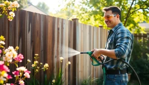 Professional performing fence cleaning with a pressure washer in a sunny backyard.