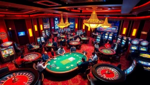 Exciting scene at nhà cái dabet featuring players at poker and roulette tables under warm lights.