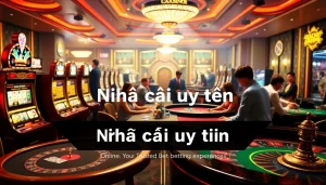 Explore the vibrant atmosphere of a Nhà cái uy tín casino, featuring players at poker and blackjack tables amidst bright slot machines.