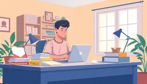 Buying postage stamps online while enjoying a cozy home office setup with colorful envelopes and stamps.