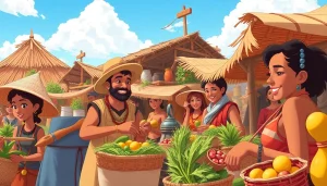 Vibrant scene of a traditional economy market showcasing bartering among local artisans and farmers.