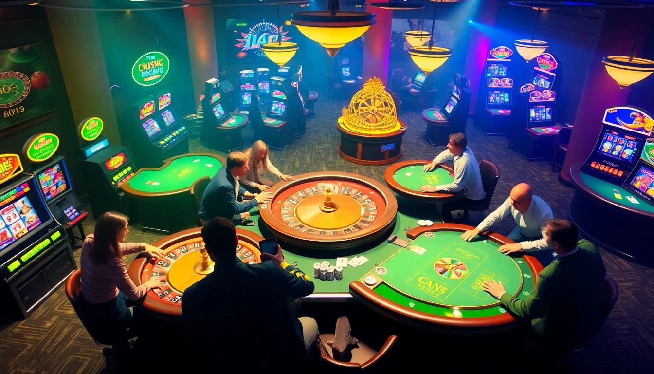 Exciting casino scene at KJC with poker tables and slot machines.