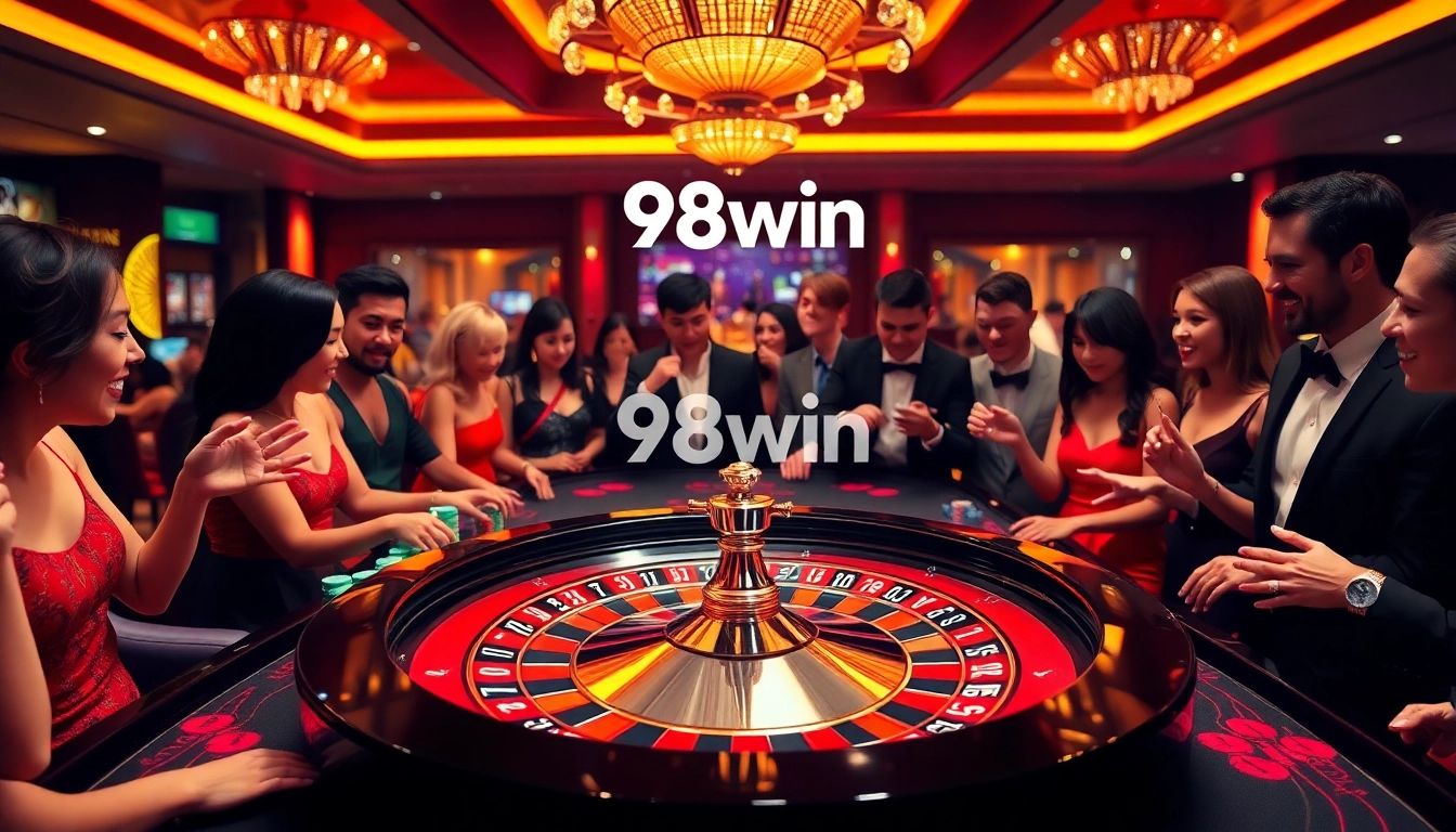 Players eagerly betting at a roulette table with 98win branding in a lively casino atmosphere.