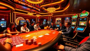 Experience the thrill of gambling at Hello88's vibrant poker table with lively players and bright casino elements.