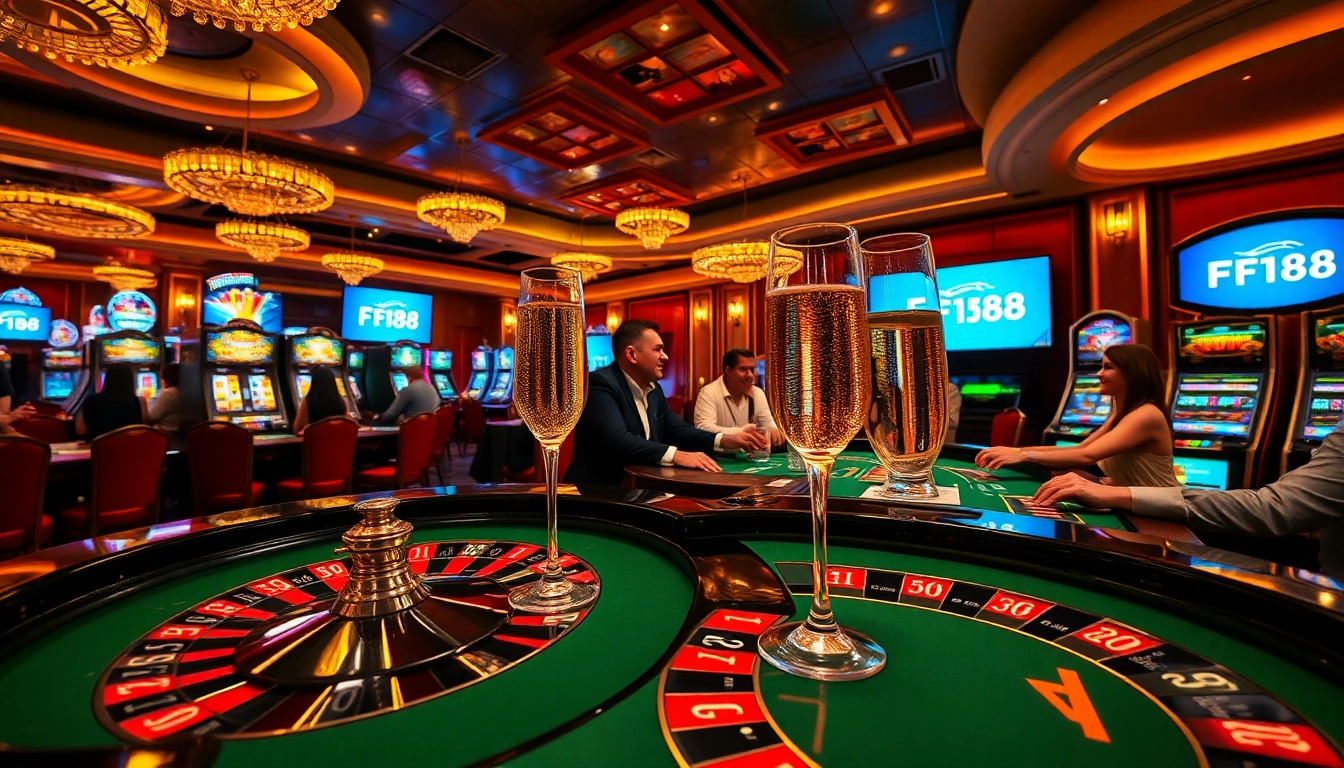 Winning gamblers celebrating at an F168 casino table in a luxurious setting.
