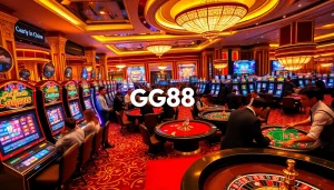 Players enjoying thrilling gaming experiences at GG88 casino with vibrant slot machines and poker tables.
