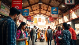 Engaging scene of Hela Add platform with diverse users buying and selling services in a vibrant marketplace.