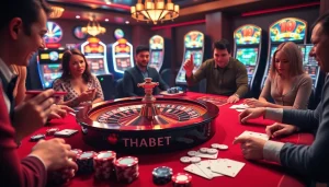 THABET players engage in luxurious poker game with chips and cards.