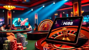 Players engaging at a poker table and a roulette wheel in a luxurious casino atmosphere with Hi88 branding.