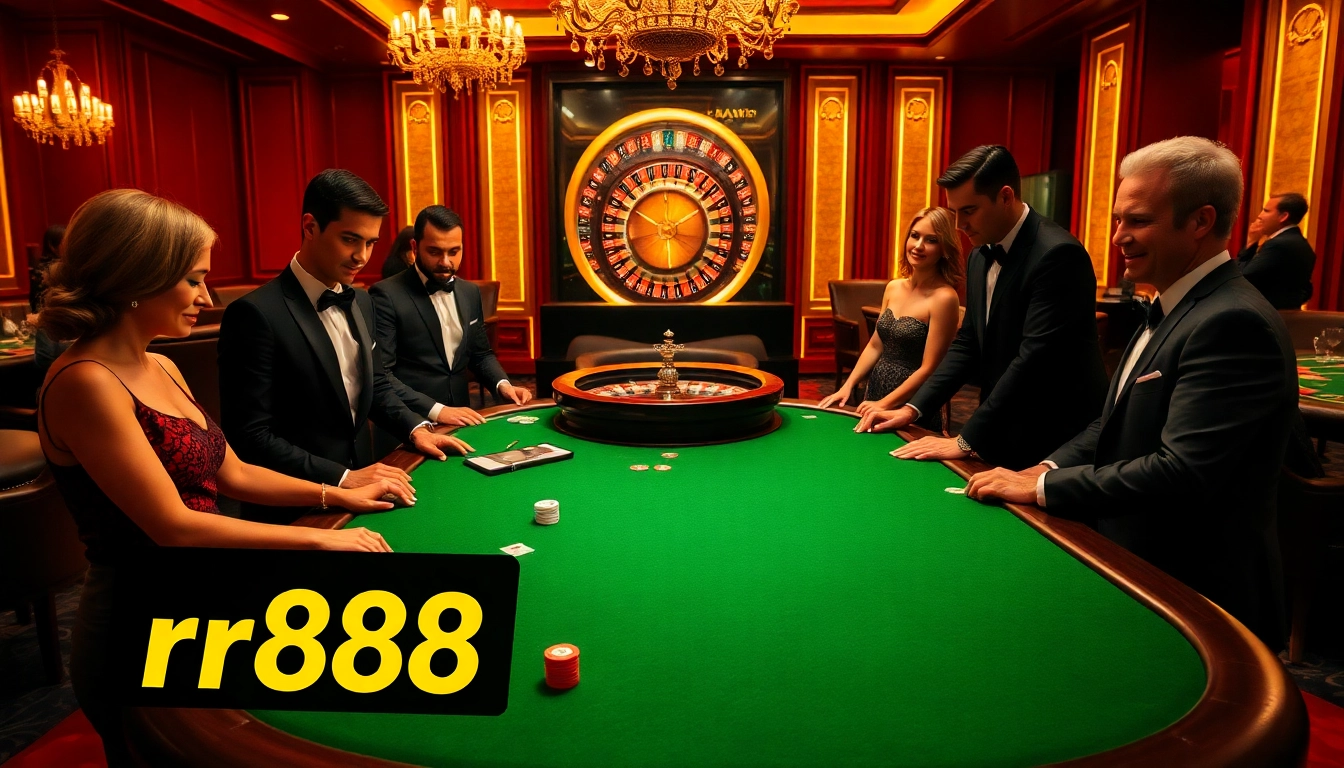 Players enjoying high-stakes poker at rr88 casino, surrounded by vibrant atmosphere and luxury.