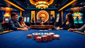 Players strategically engaging at a GG88 poker table in a luxurious casino setting.