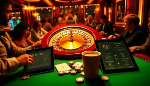 KJC coffee energizes players at this luxurious casino table featuring roulette and poker chips.