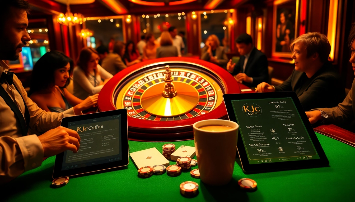 KJC coffee energizes players at this luxurious casino table featuring roulette and poker chips.