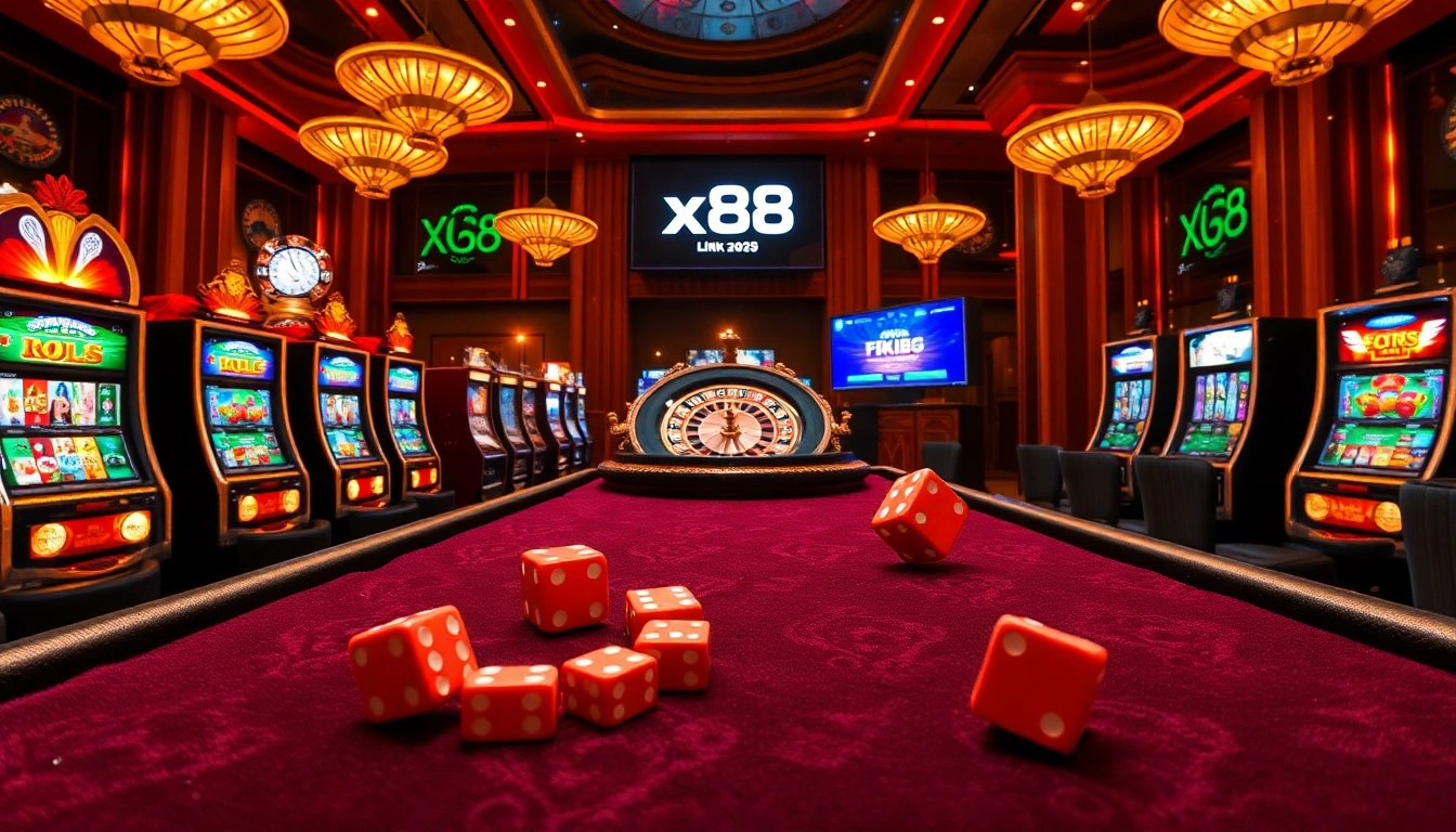 Experience the thrilling atmosphere of gambling at a luxurious casino showcasing the xx88 link with poker tables and slot machines.