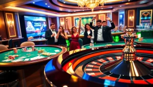Players enjoying a thrilling casino moment at thabet77.sa.com with vibrant gaming tables and exciting wins.