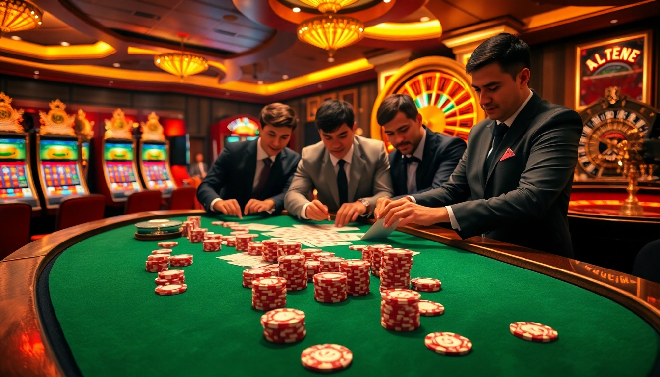 Engaged players at Nhà cái Thabet gambling table with vibrant slots and roulette