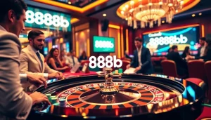 The thrilling atmosphere of a casino featuring a roulette table and the prominent display of the 888b link.