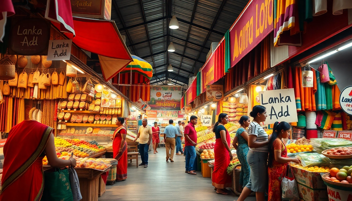 A bustling Sri Lankan marketplace showcasing Lanka Add ads with vibrant stalls and friendly vendors.
