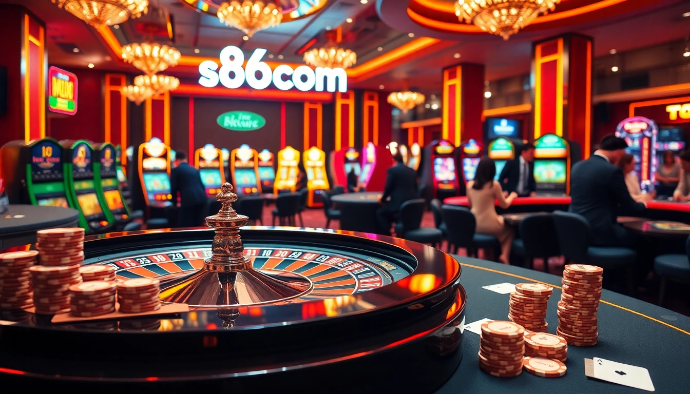 Engaging gambling scene featuring s86com with roulette, poker chips, and vibrant slot machines.