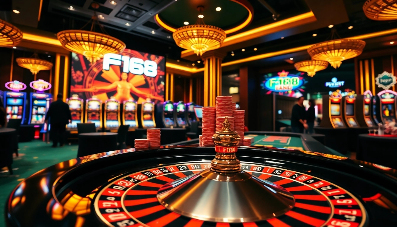 Players enjoying an exciting roulette game at https://f168.us/ with vibrant lights and thrilling atmosphere.