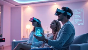 Couple exploring intimacy through innovative sex AI technology in a futuristic living room.