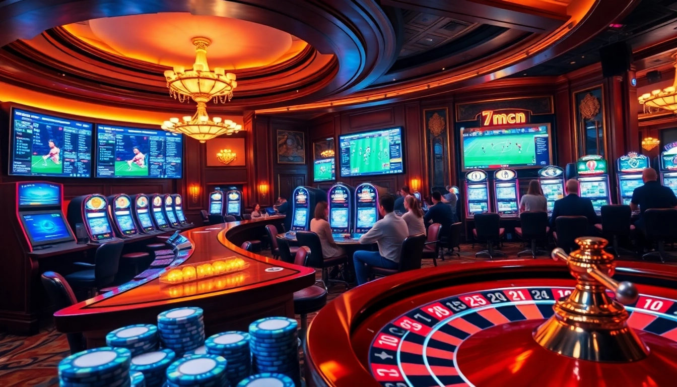Excited gamblers placing bets at 7mcn sports betting counters in a luxurious casino.