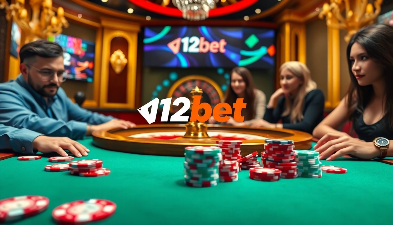 Players engaging with odds on 12bet at a luxurious casino table with cards and chips.