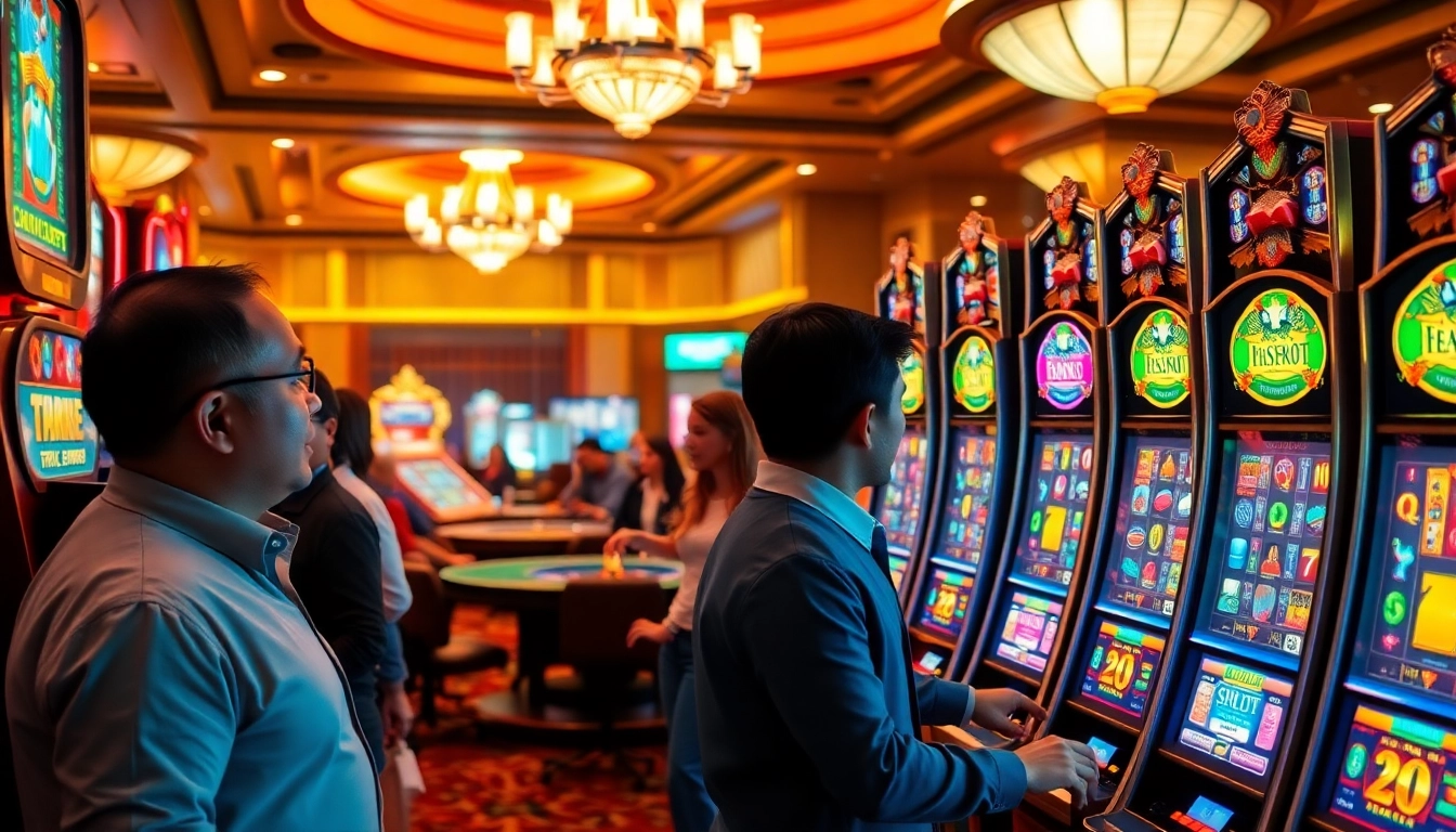Engaging players at Slot Online Terpercaya with vibrant slot machines and a lively casino atmosphere.