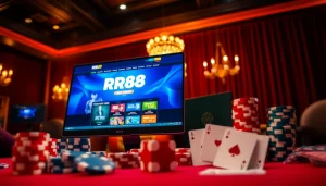 Engaging RR88 Đăng nhập scene featuring a luxurious casino atmosphere with vibrant online gambling interface.