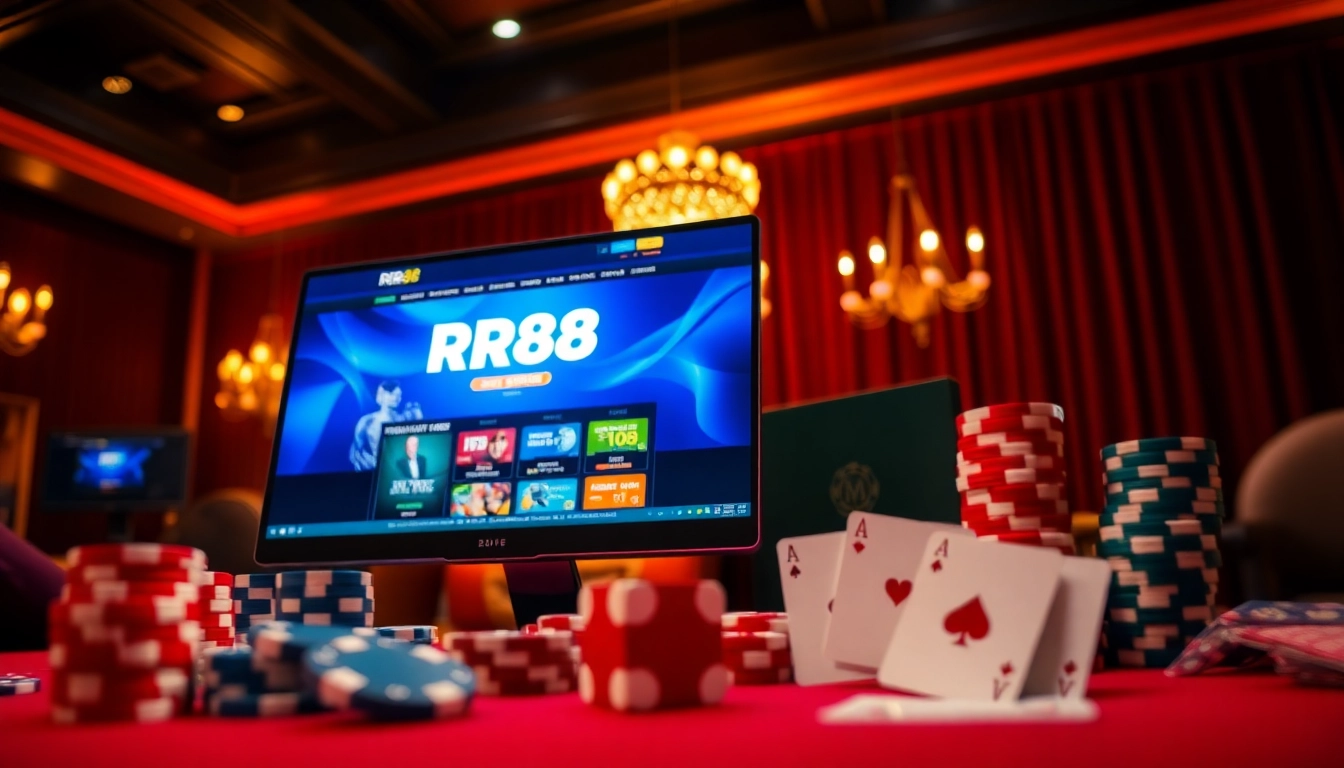 Engaging RR88 Đăng nhập scene featuring a luxurious casino atmosphere with vibrant online gambling interface.