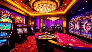 Engage with Birutoto's online gaming excitement through a vibrant casino scene featuring slot machines and roulette.