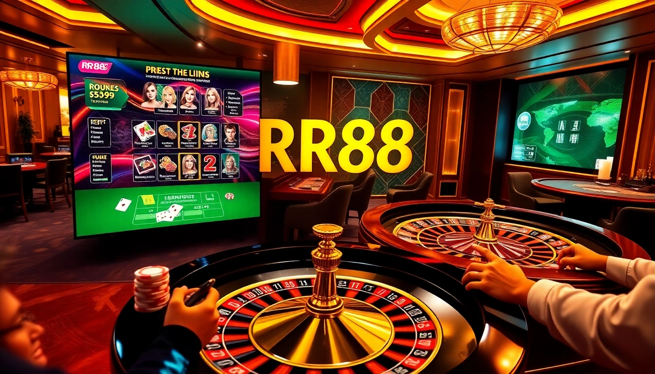 Engaging players enjoying RR88 Game at a luxurious casino table with chips and cards.