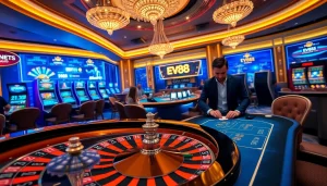 Experience the luxury of EV88's vibrant casino scene with roulette and poker excitement.