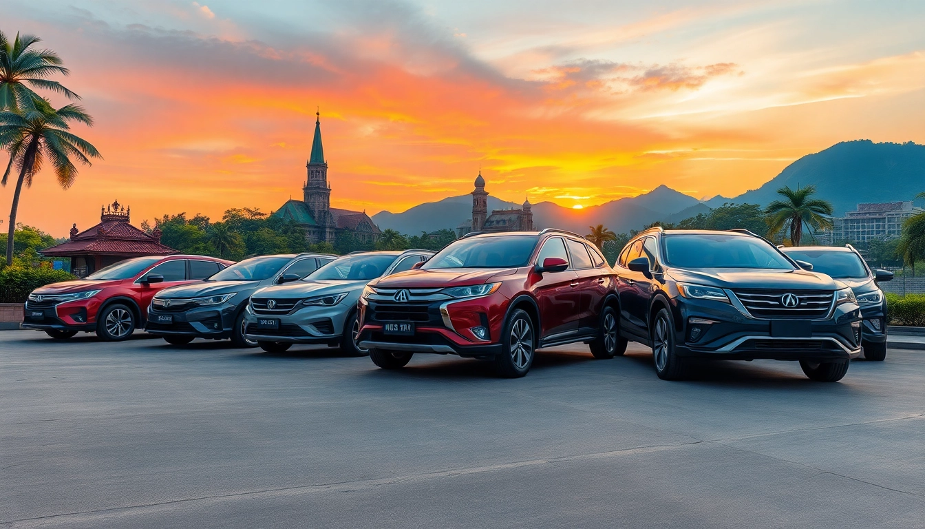 Kuching car hire services showcasing various vehicles against a tropical landscape.