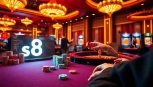 Players enjoying a thrilling game at a luxurious s8 casino table with chips and dice.