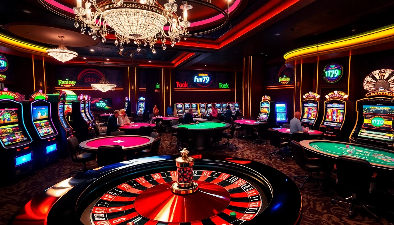 Experience the thrill of fun79.com with players engaging at vibrant casino tables, surrounded by luxury elements.