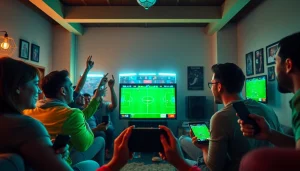 Fans enjoying high-quality live football streaming on joemadfan.com, celebrating in a lively setting.