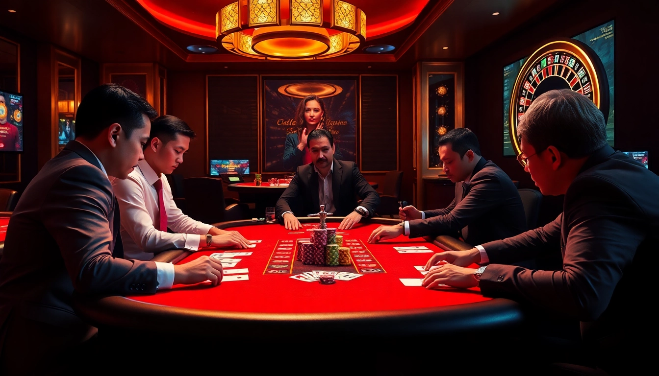 Engage in a thrilling game at https://gg88.tech/ featuring a luxurious poker table and excited players.