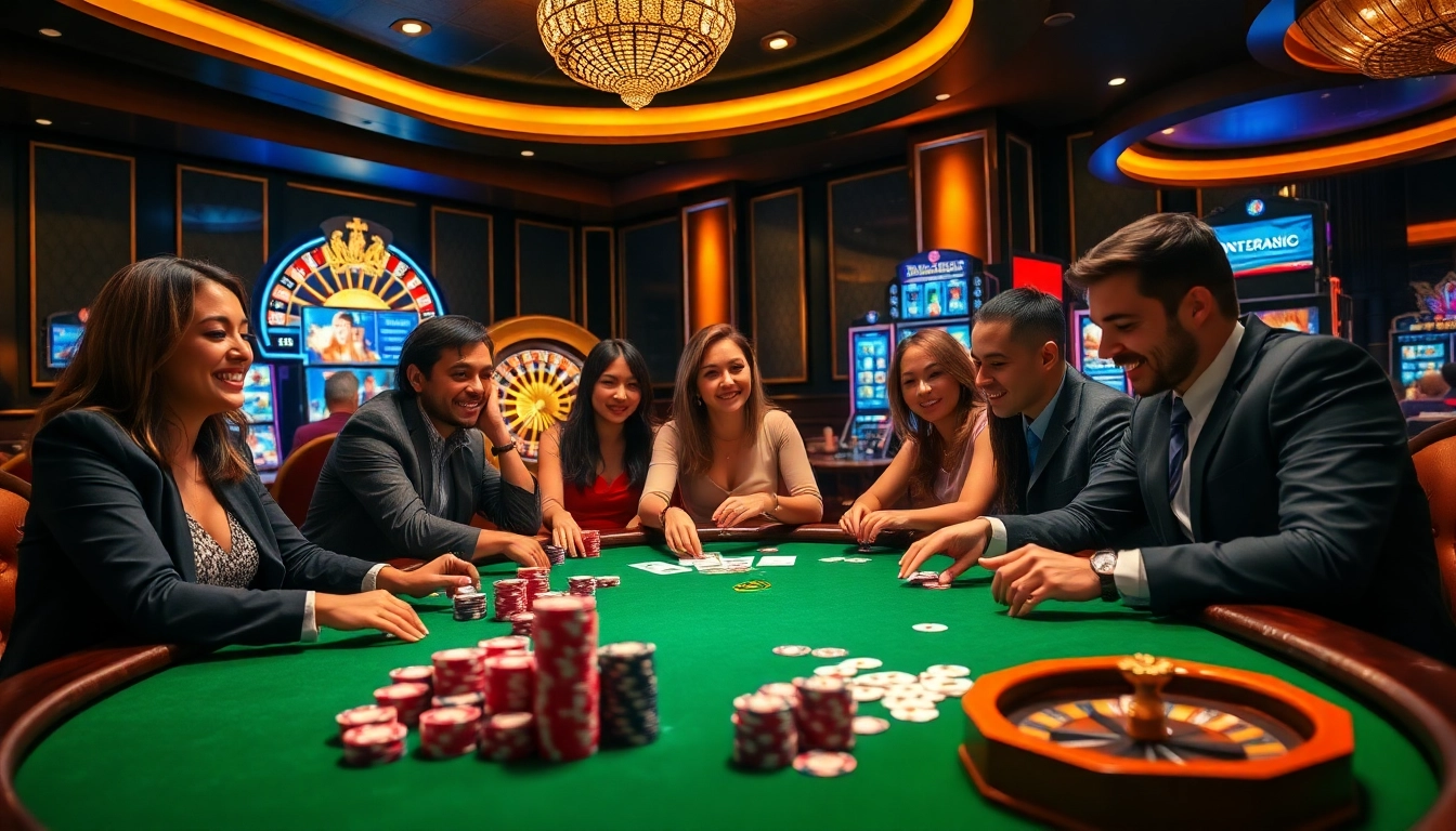 Engaging poker players at a luxurious casino table showcasing go88.audio's vibrant gambling experiences.