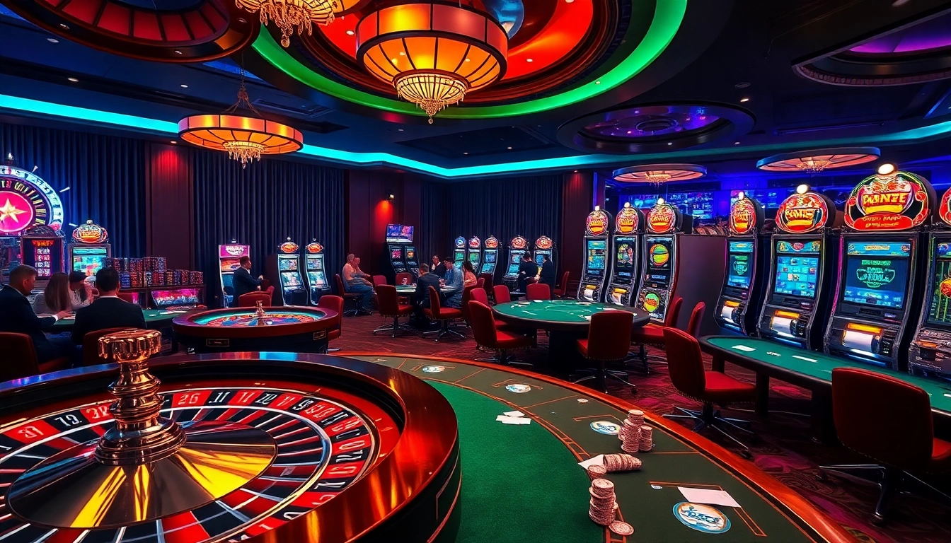 Exciting casino atmosphere featuring poker tables and roulette wheels at https://luck88com.net/, showcasing high-stakes gambling.