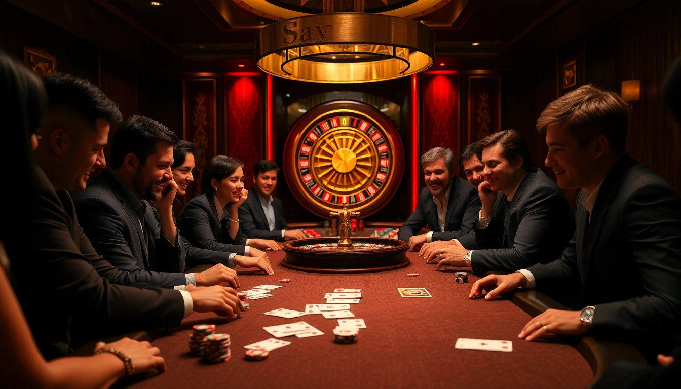 High-stakes poker action at say88 nhà cái, featuring excited players and vibrant casino atmosphere.