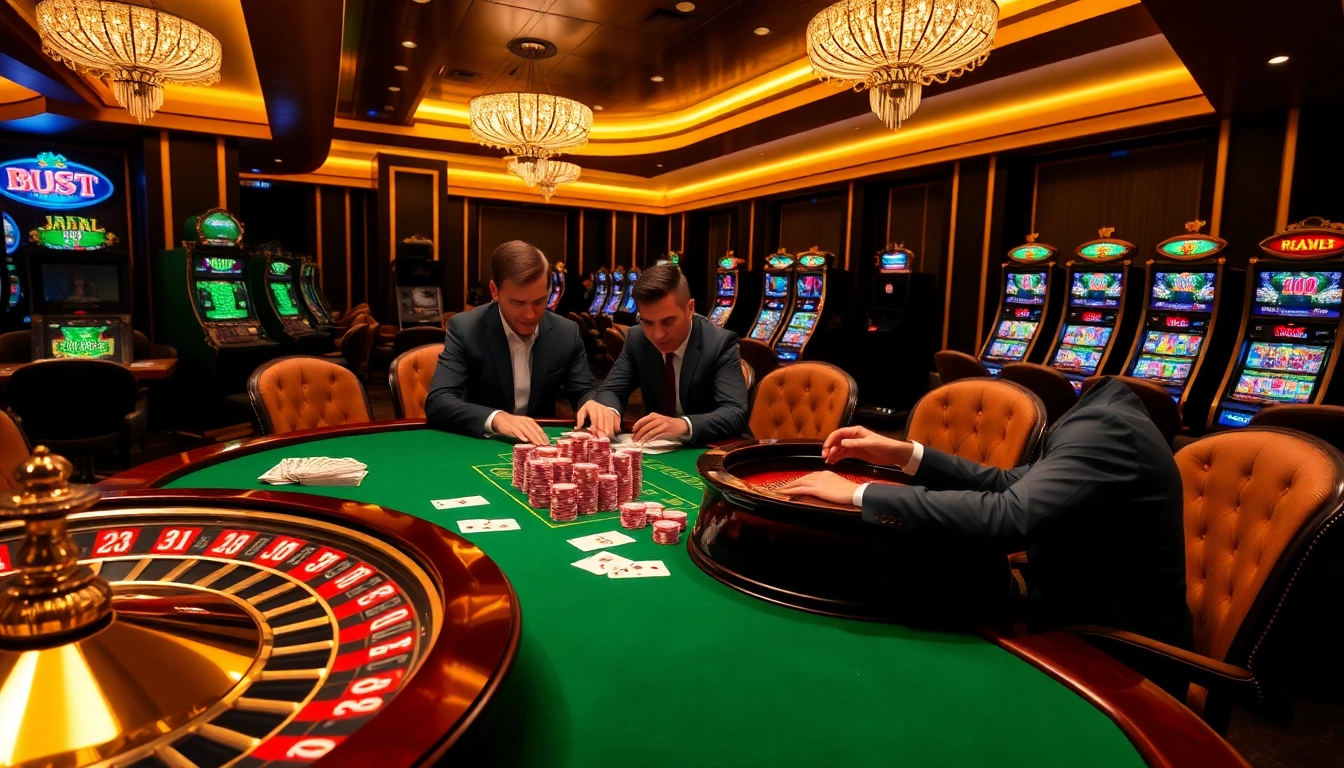 Excited players at 88i poker table immersed in a high-stakes game with vibrant casino ambiance.