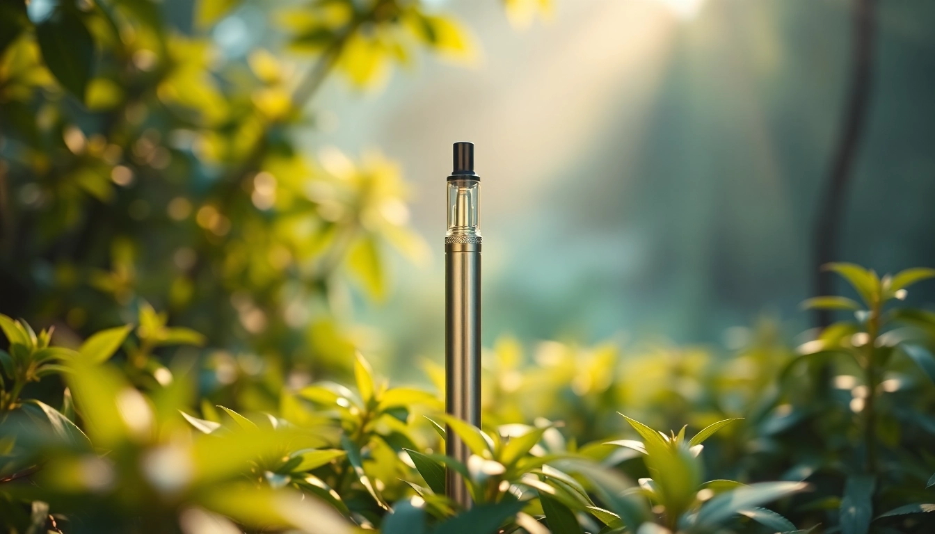 Capture the essence of an elegant DMT vape pen in a tranquil natural setting.
