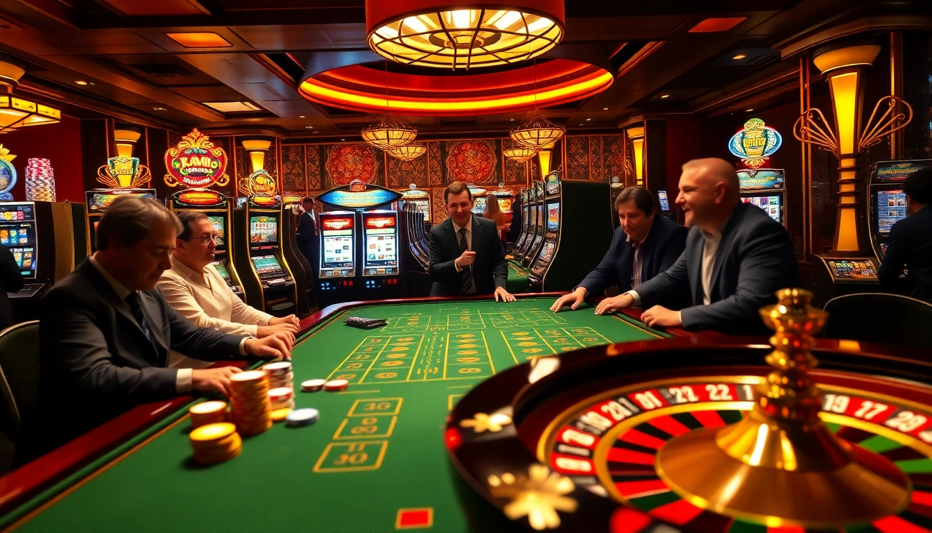 Players enjoying a thrilling casino game at mu88, complete with vibrant poker chips and dynamic roulette.