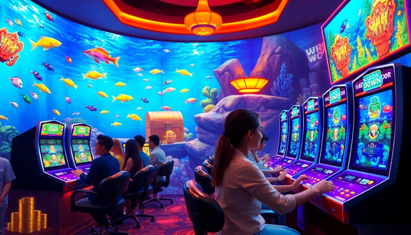 Players enjoying the bắn cá 33win game in a vibrant casino underwater setting filled with colorful fish and treasures.