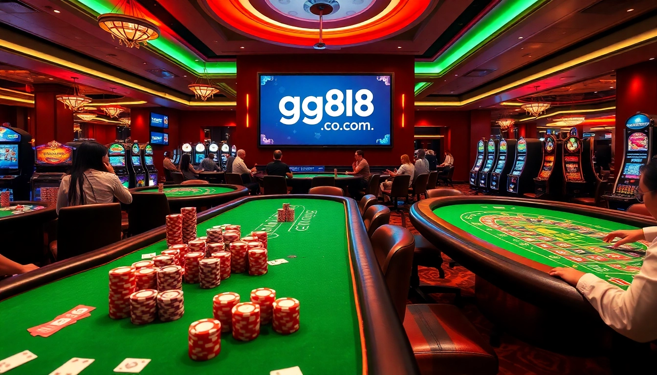 Exciting casino gameplay at GG88, featuring poker chips, cards, and roulette wheels.