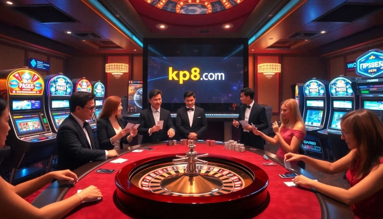 Experience the excitement of Kp88.com at a lively casino with professional dealers and vibrant slot machines.